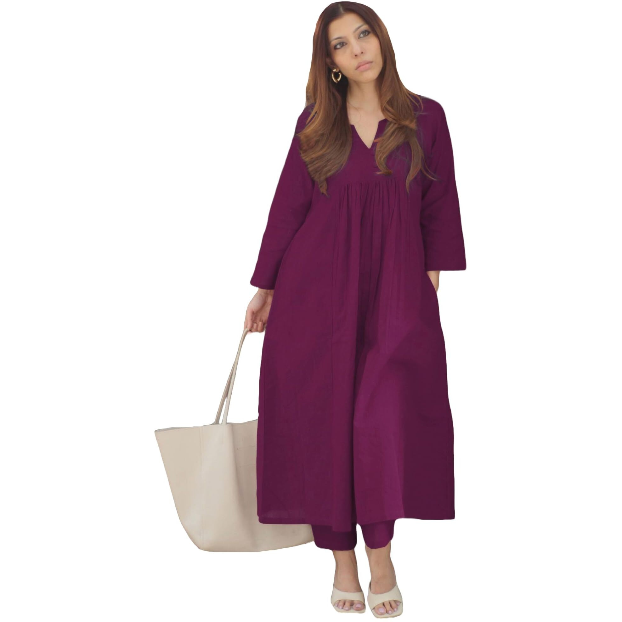 Gosriki Women's Rayon Viscose Solid A-Line Kurta With Pant (Anvi Wine-Gs_S_Wine_Small)