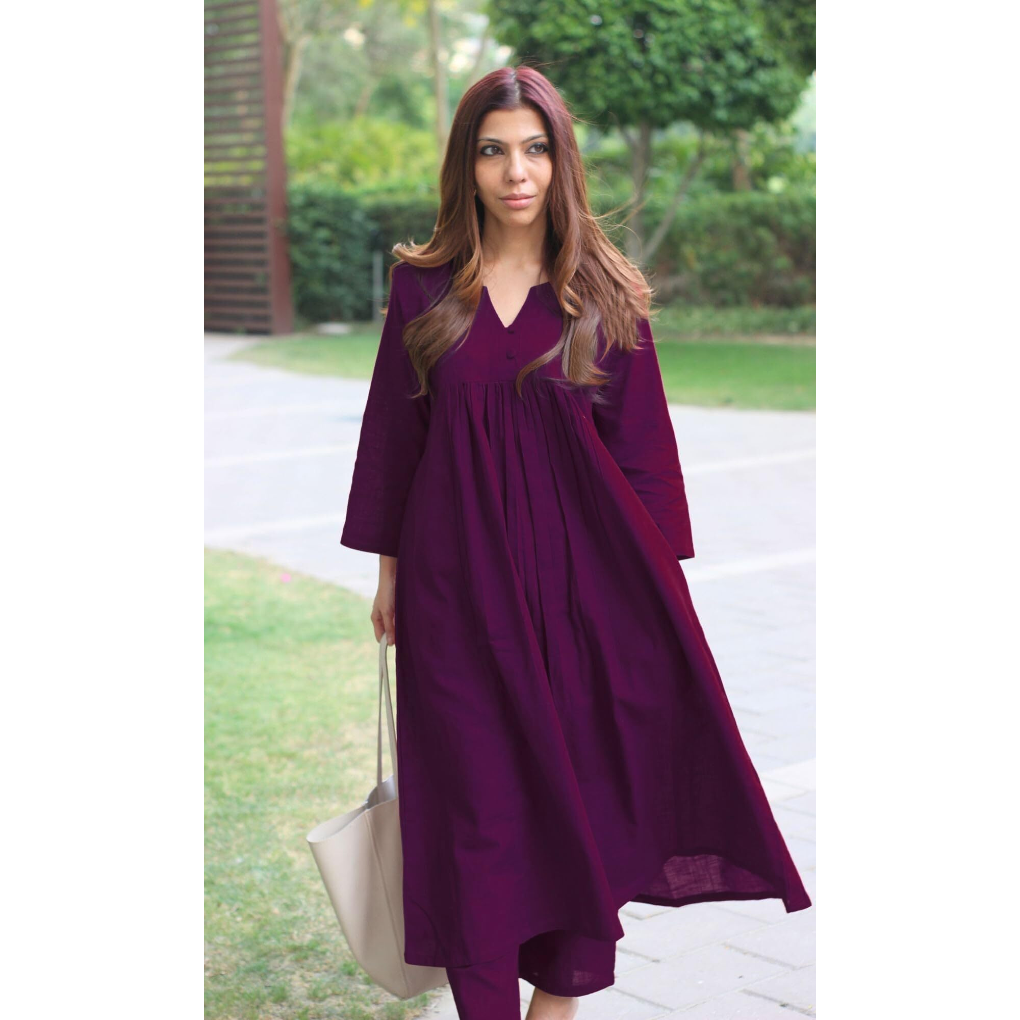 Gosriki Women's Rayon Viscose Solid A-Line Kurta With Pant (Anvi Wine-Gs_S_Wine_Small)