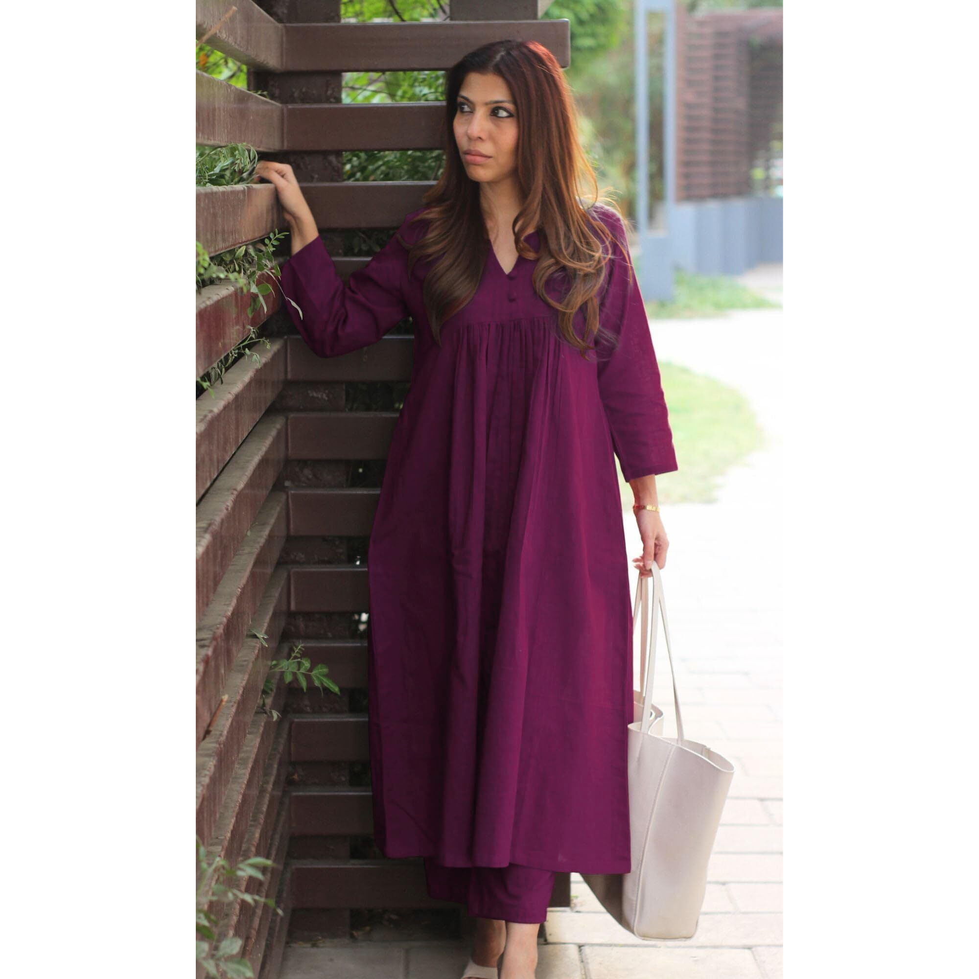 Gosriki Women's Rayon Viscose Solid A-Line Kurta With Pant (Anvi Wine-Gs_S_Wine_Small)