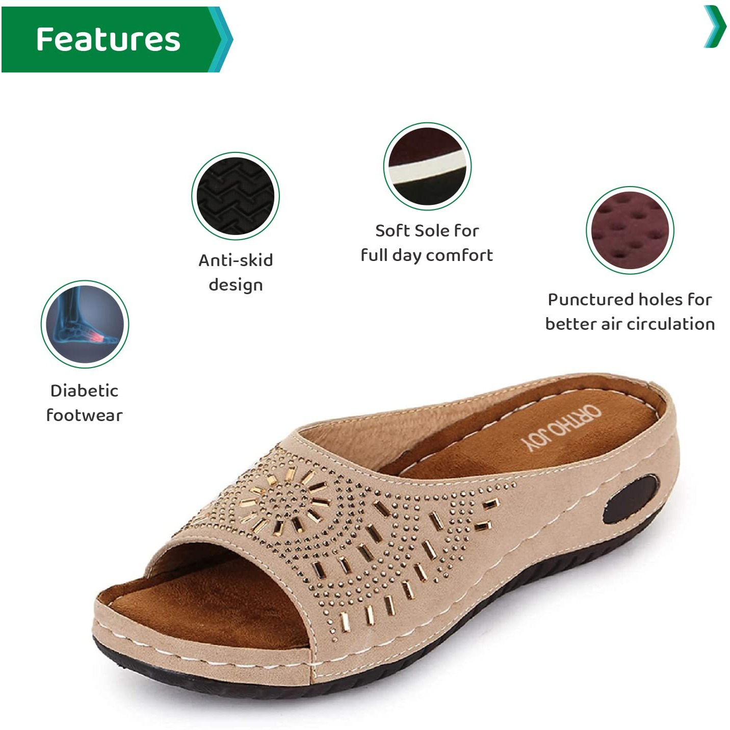 Ortho Joy Women's Beige Faux Leather Slipper - 8 Uk