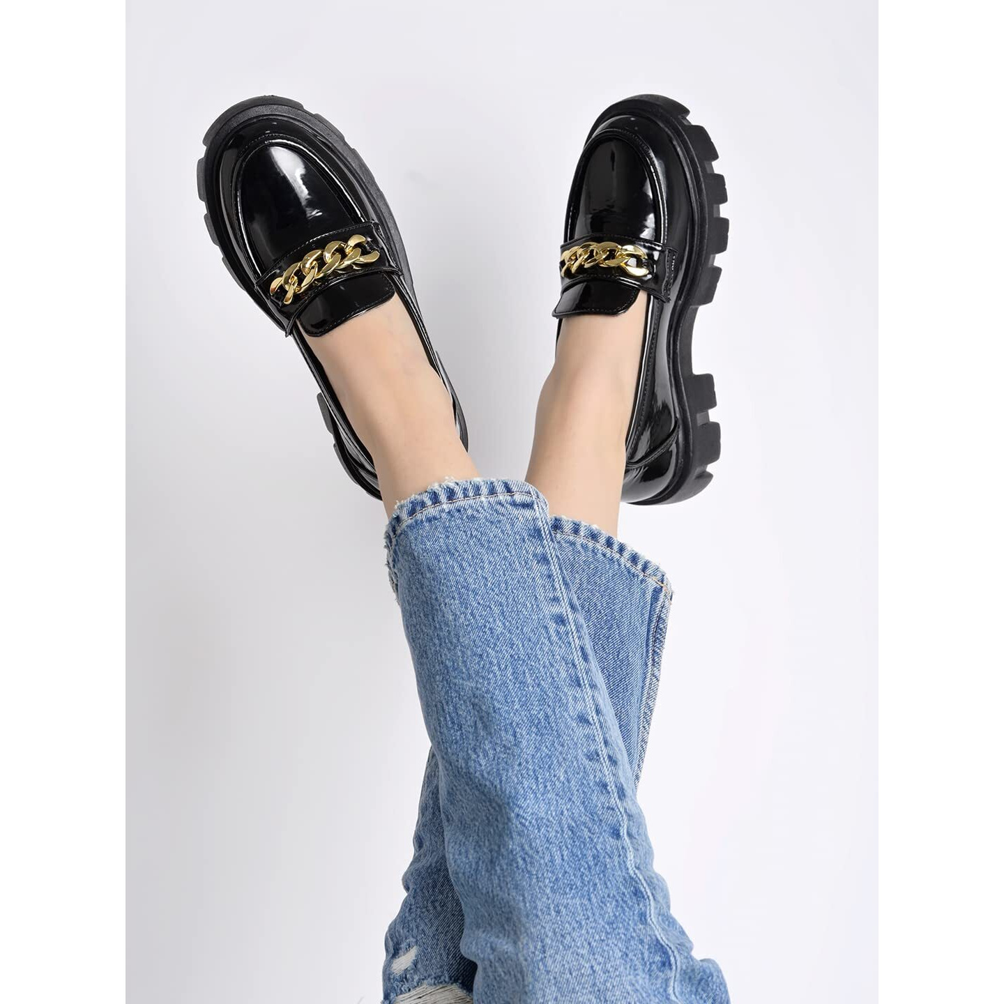 Shoetopia Smart Casual Chain Detailed Black Loafers For Women & Girls /Uk5