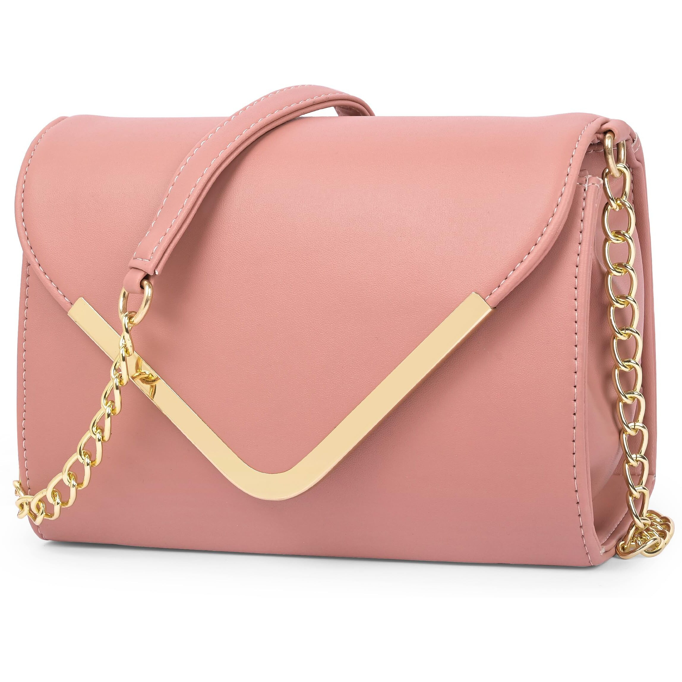 Adisa Women Girls V-Flap Crossbody Sling Bag With Gold Chain (Pink)
