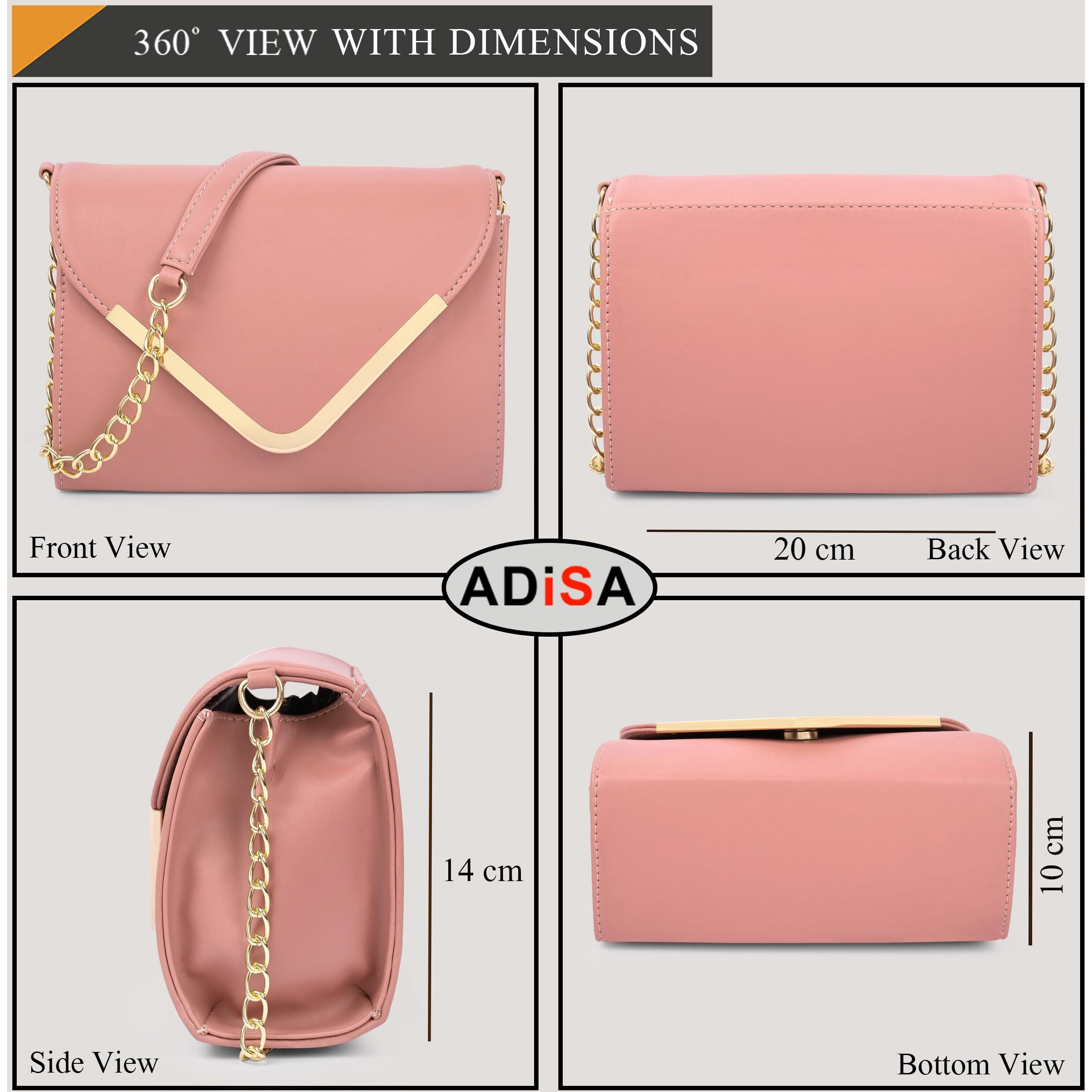 Adisa Women Girls V-Flap Crossbody Sling Bag With Gold Chain (Pink)