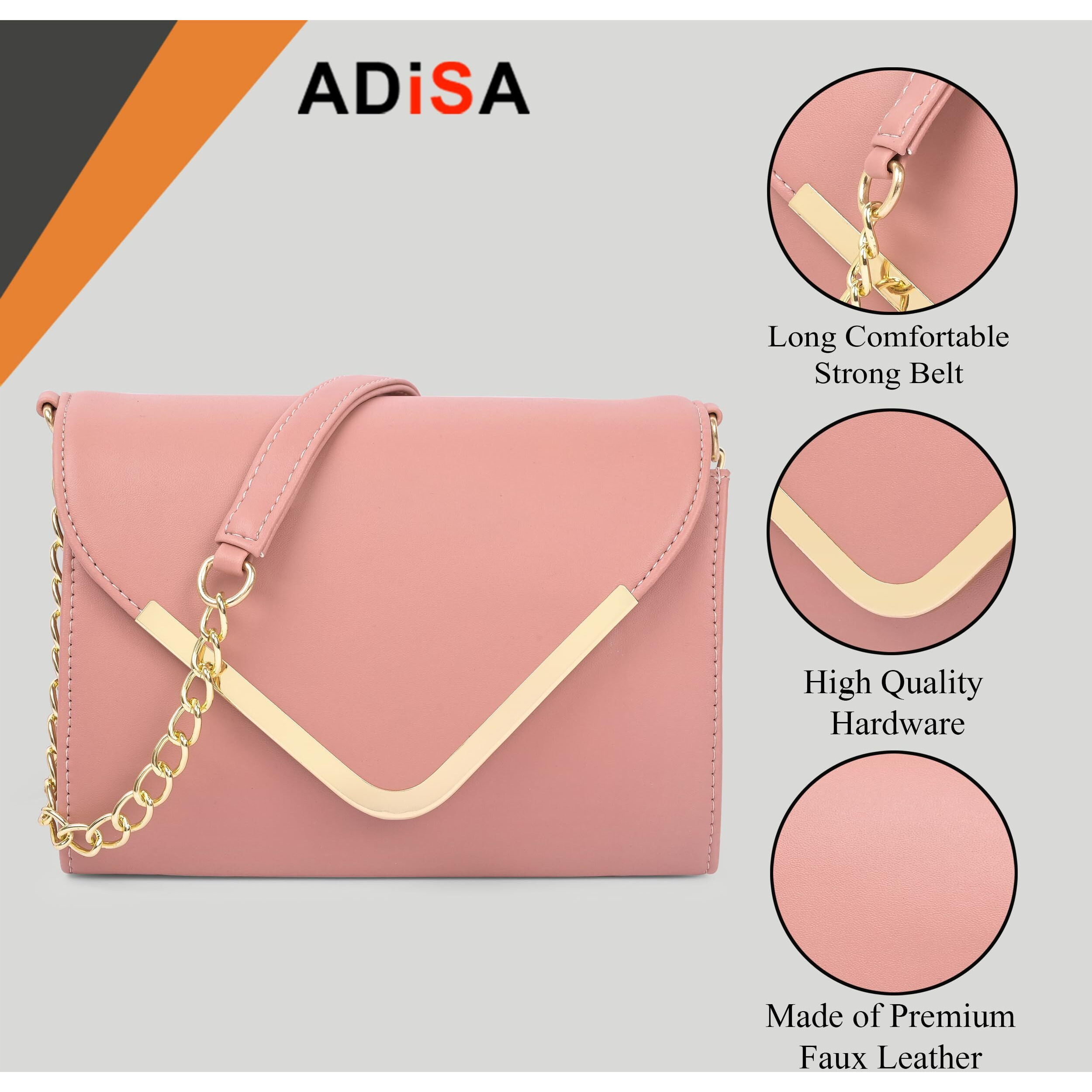 Adisa Women Girls V-Flap Crossbody Sling Bag With Gold Chain (Pink)