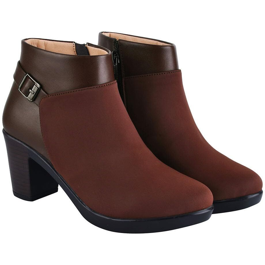 Shoetopai Women's Brown Ankle Boots  Faux Leather Buckle Strap Booties With Mid Block Heel & Side Zip For Casual & Workwear Eu39