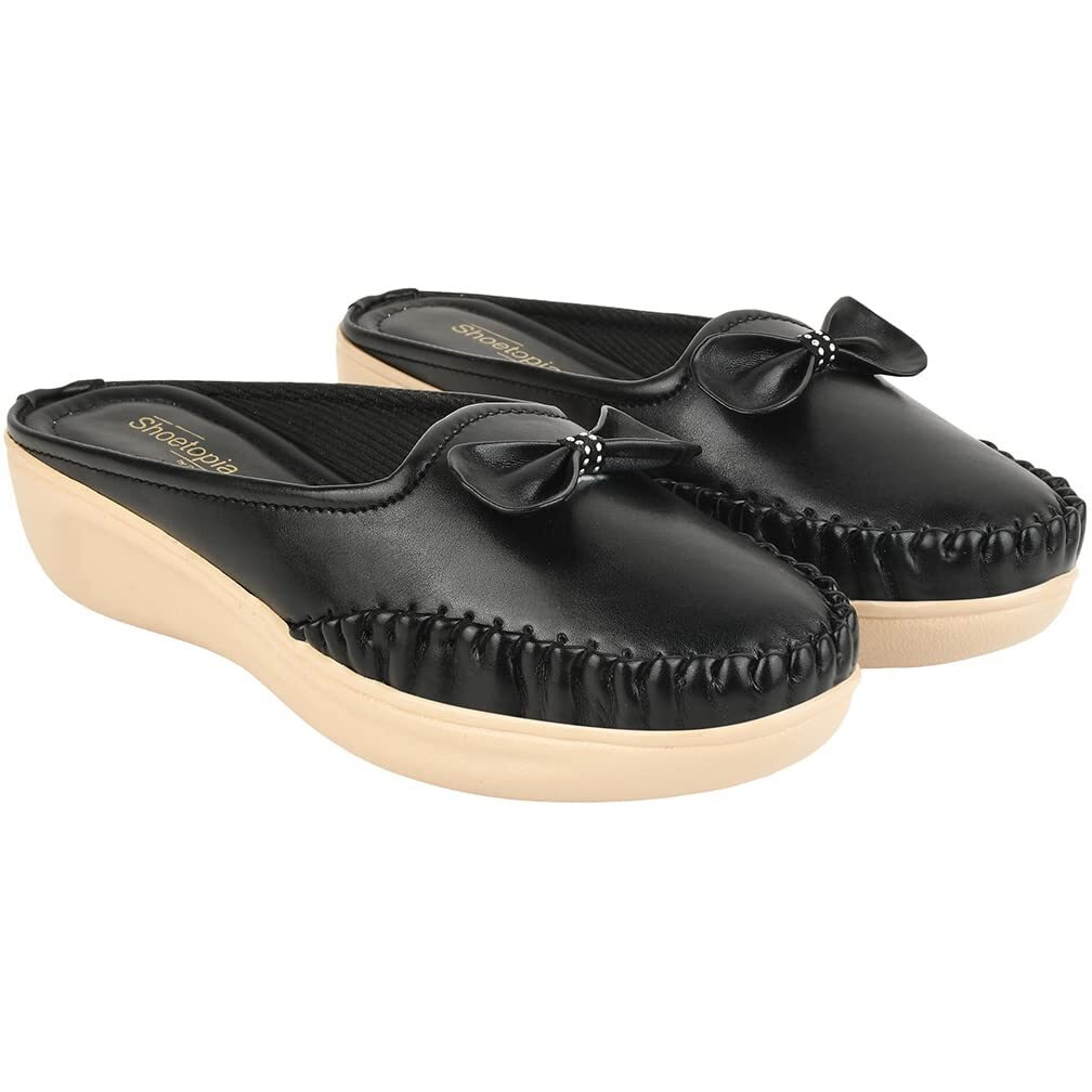 Shoetopia Upper Bow Detailed Black Slip-On Loafers For Women & Girls