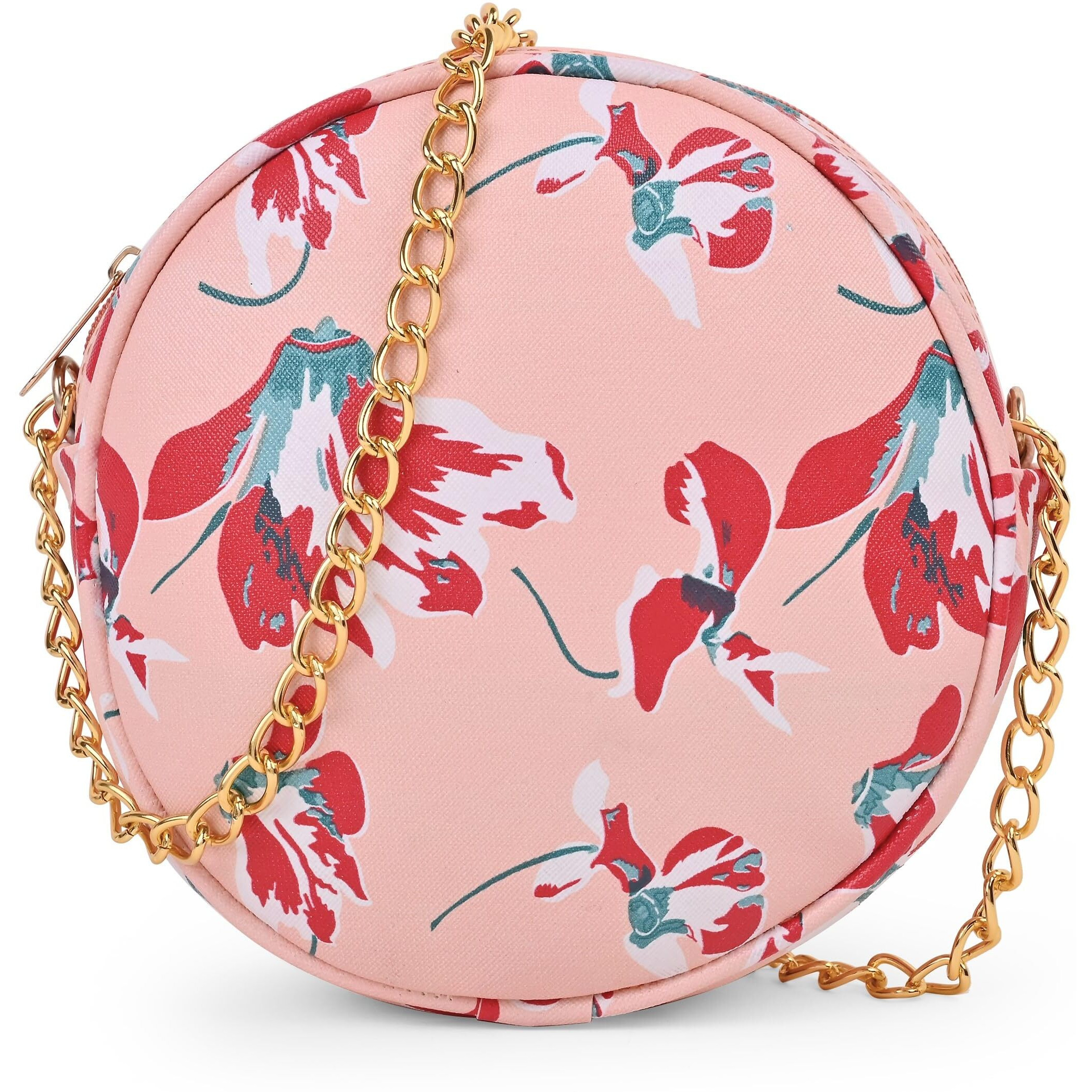 Adisa Women Girls Floral Print Round Sling Bag (Pink-Red)