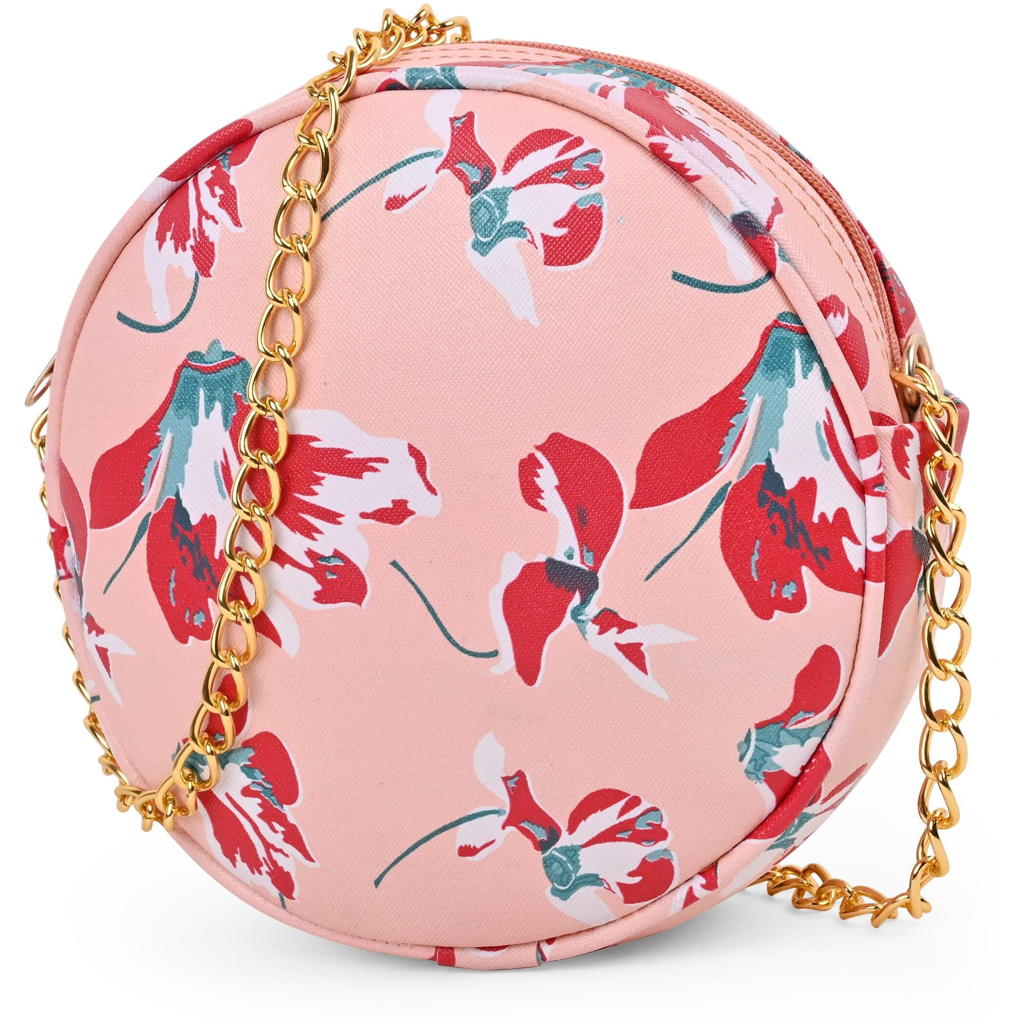 Adisa Women Girls Floral Print Round Sling Bag (Pink-Red)