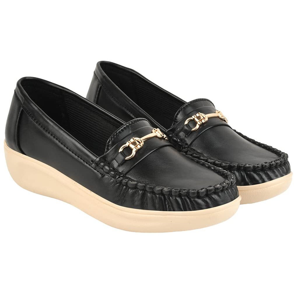 Shoetopia Upper Metalic Buckle Detailed Black Loafers For Women & Girls /Uk5