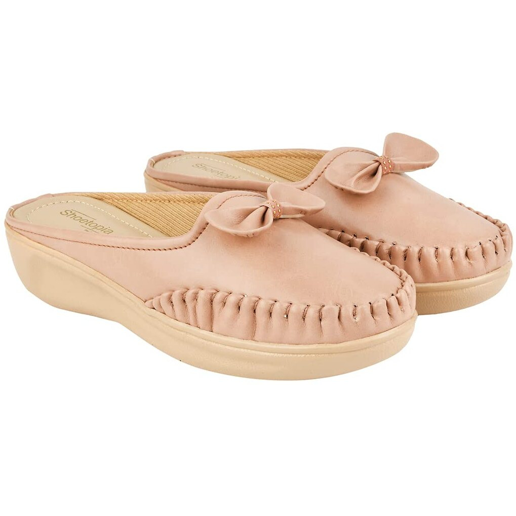 Shoetopia Upper Bow Detailed Peach Slip-On Loafers For Women & Girls /Uk8