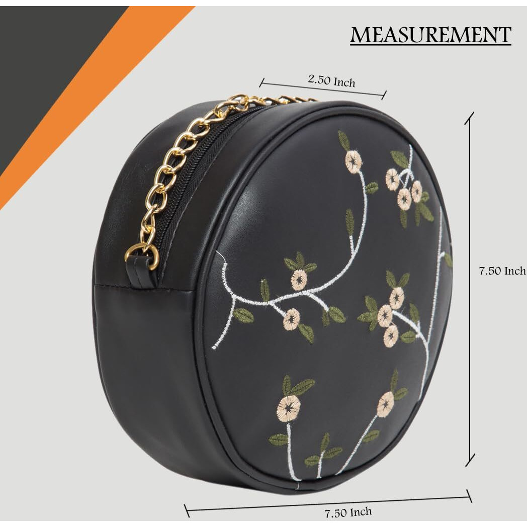 Adisa Women Girls Round Embroided Sling Bag (Black)