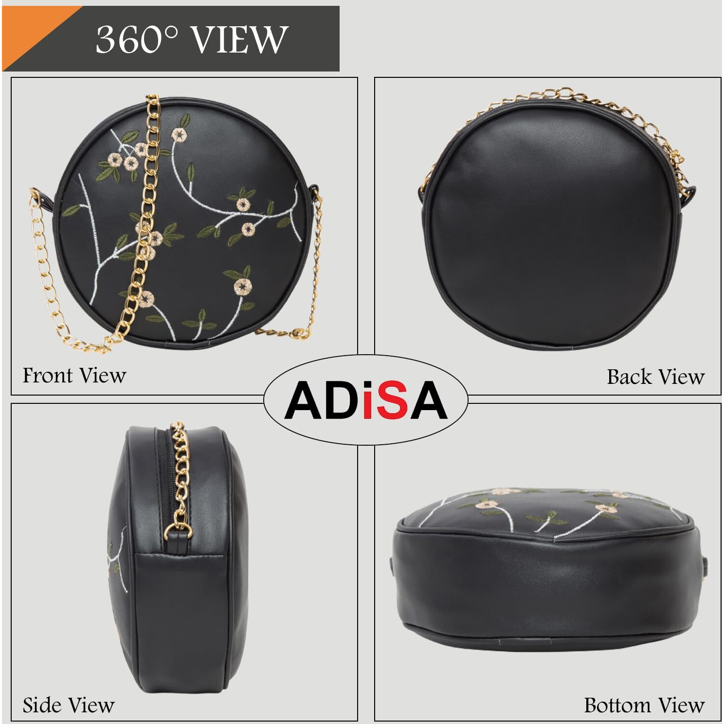 Adisa Women Girls Round Embroided Sling Bag (Black)