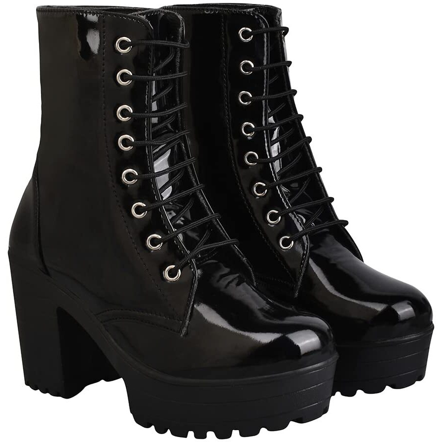 Shoetopia Women & Girls Lace Up Block Heeled Western Boots/Boot-07/Black/Uk4-Eu37