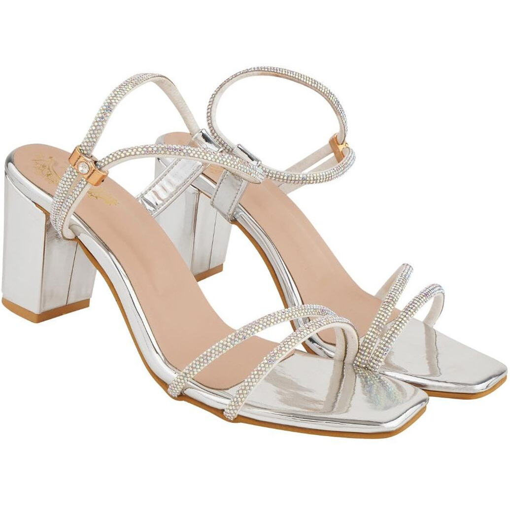 Shoetopia Stylish Strappy Block Silver Heels For Women  Open Toe Ankle Strap Sandals, Perfect For Parties, Weddings & Night Out Comfortable & Stylish Eu37