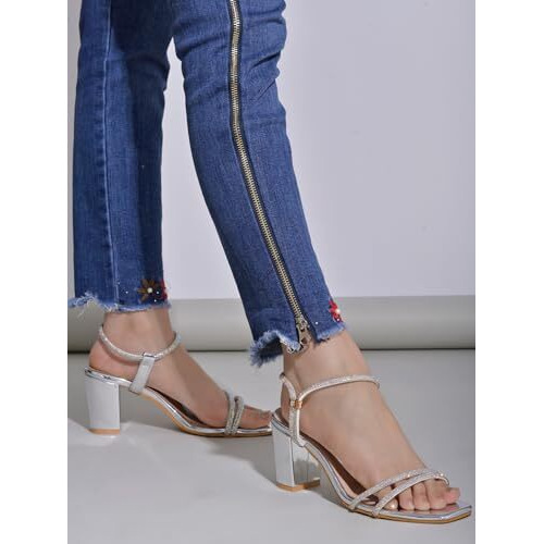 Shoetopia Stylish Strappy Block Silver Heels For Women  Open Toe Ankle Strap Sandals, Perfect For Parties, Weddings & Night Out Comfortable & Stylish Eu37