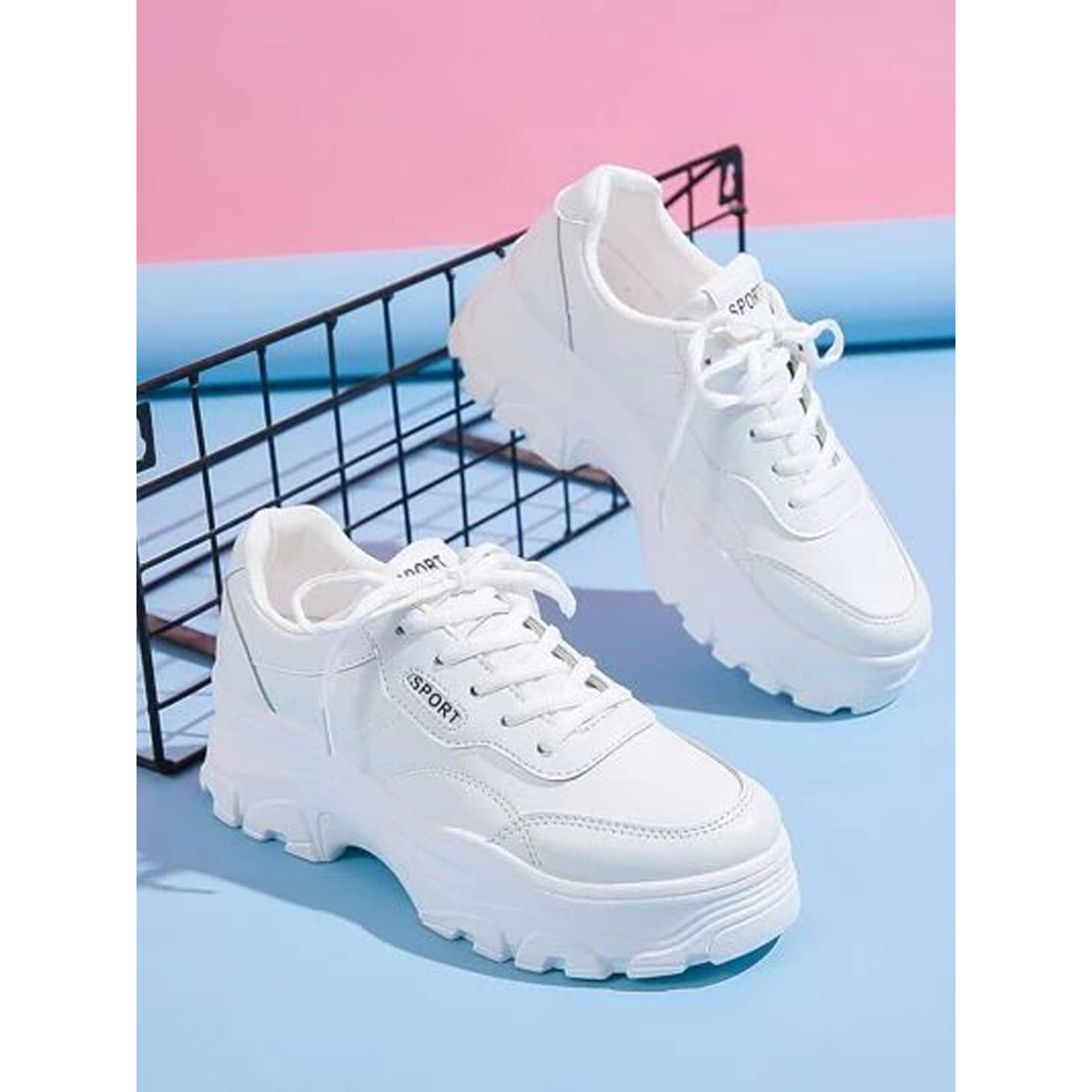 Shoeopia Lace-Up Detail White Chunky Sneakers For Women & Girls /Uk5