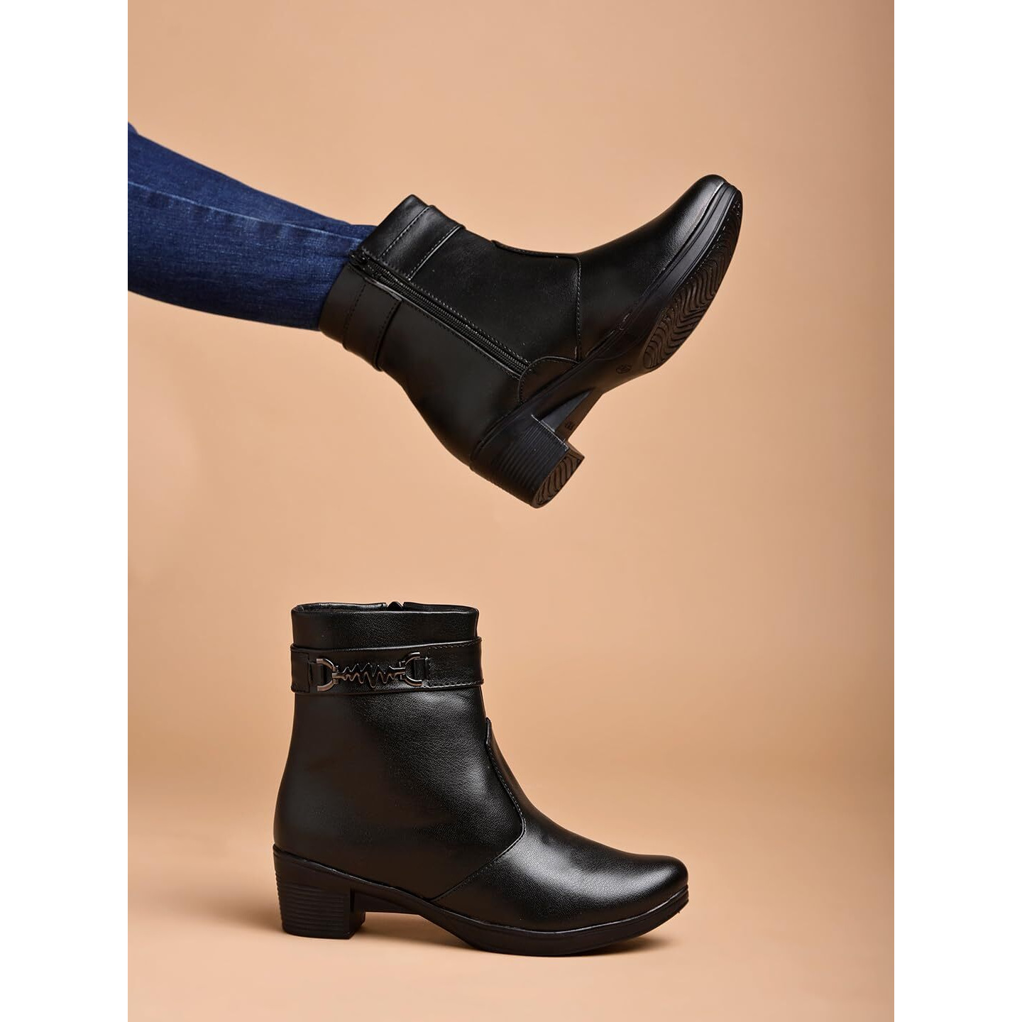 Women's Black Ankle Boots With Side Zipper And Metal Detail Low Heel Faux Leather Booties For Everyday Comfort And Style Eu38