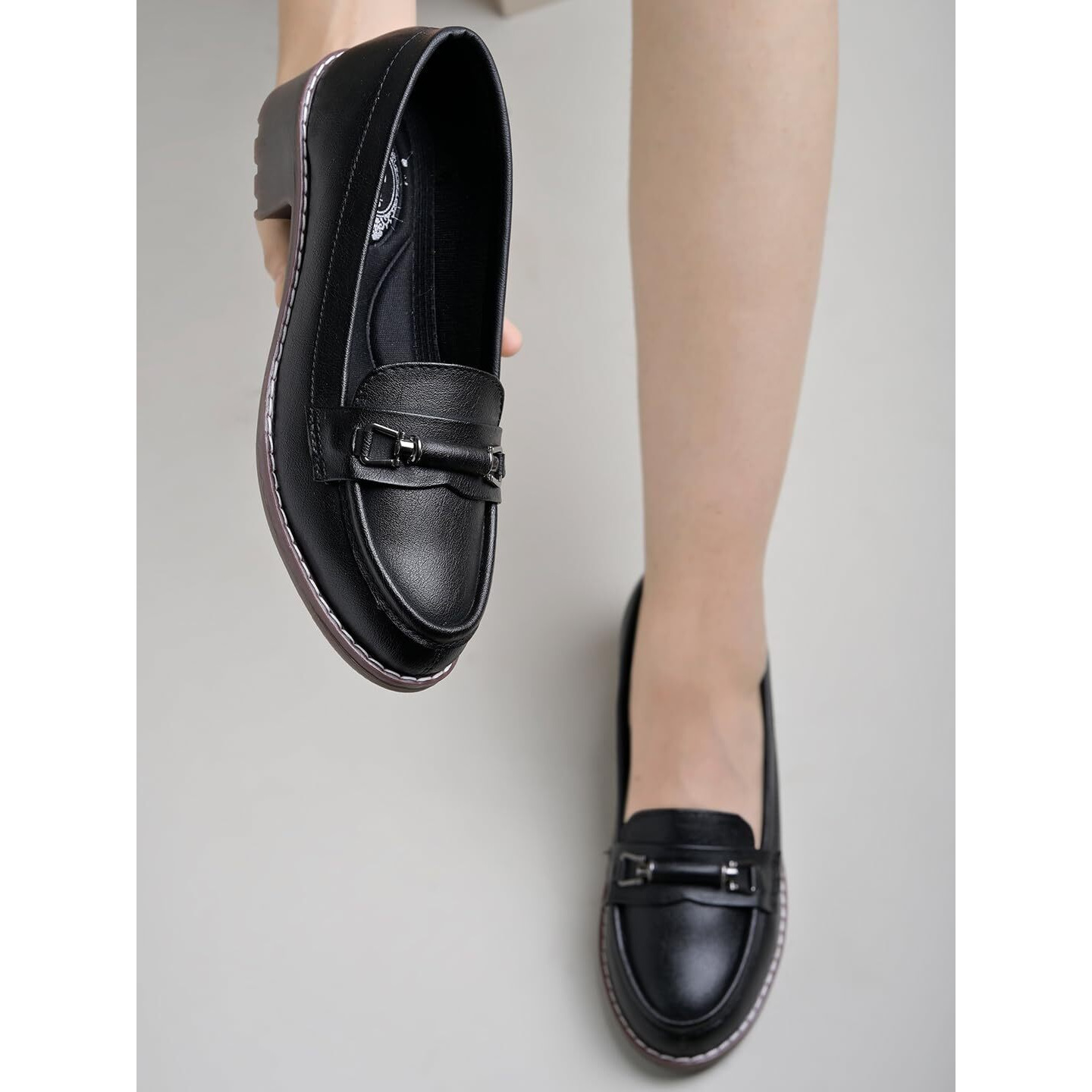 Shoetopia Upper Buckle Detailed Black Loafers For Women & Gilrs-Eu39