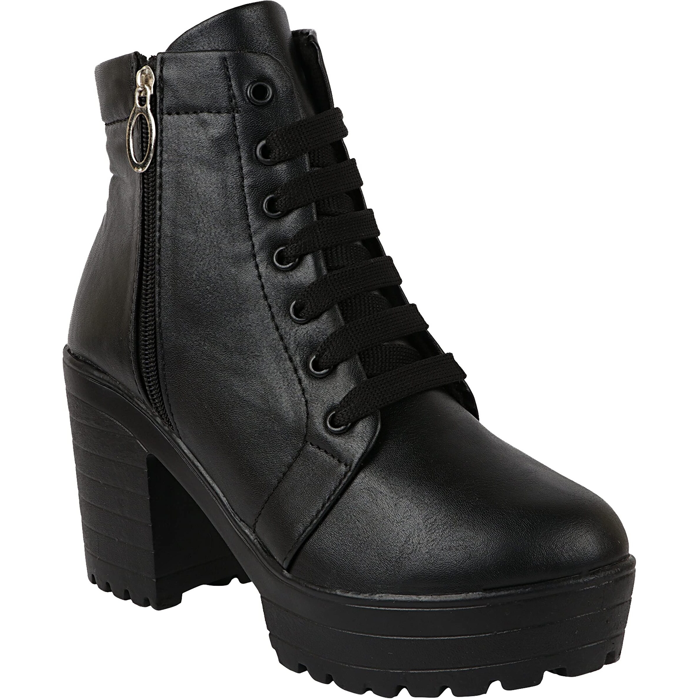 Shoetopia Women Black Zipper & Lace Up Block Heeled Boots