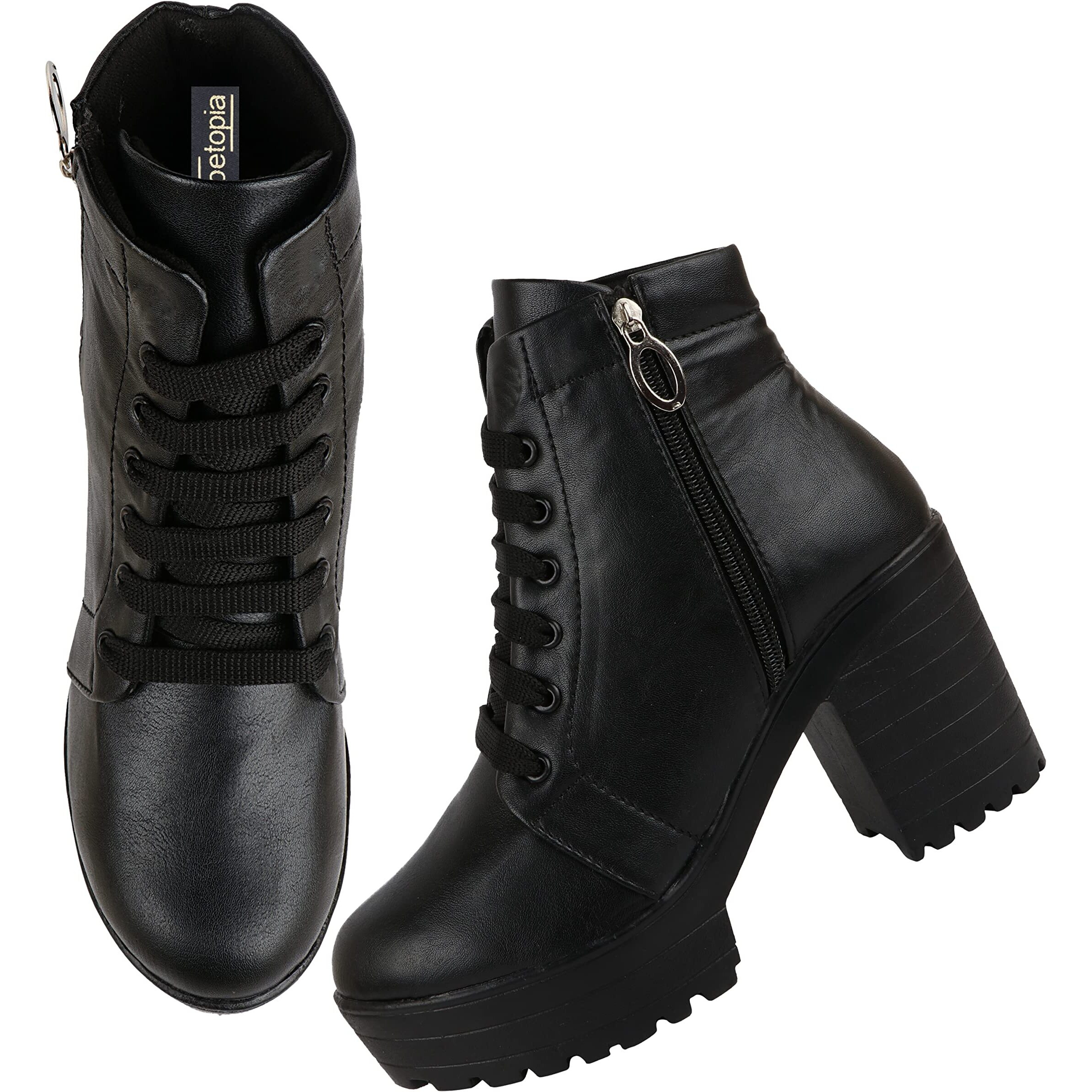 Shoetopia Women Black Zipper & Lace Up Block Heeled Boots