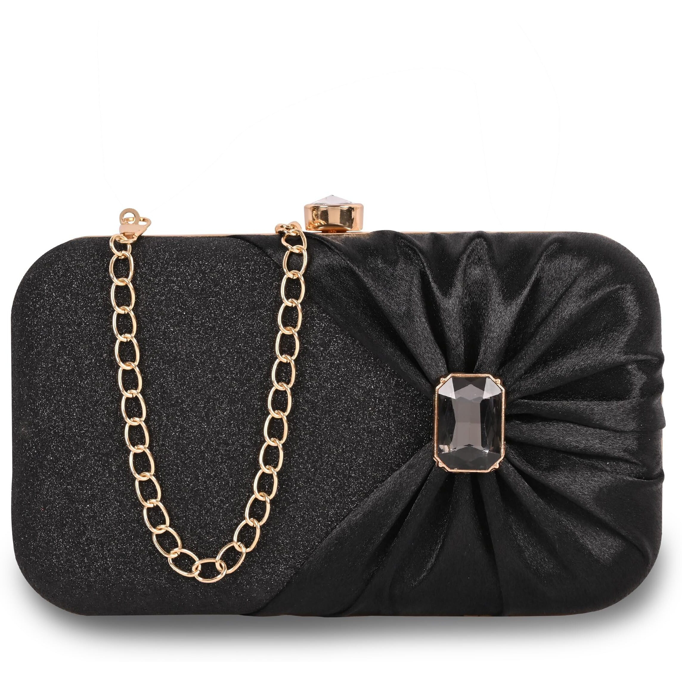 Adisa Studded Formal Party Clutch With Gold Chain For Women And Girls (Cl107-Bla)