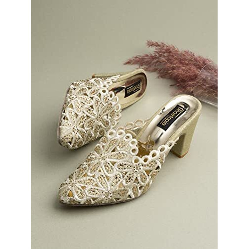 Shoetopia Women's Golden Embroidered Block Heel Mules  Ethnic Slip-On Sandals With Glitter Finish And Cutwork Detailing Eu39