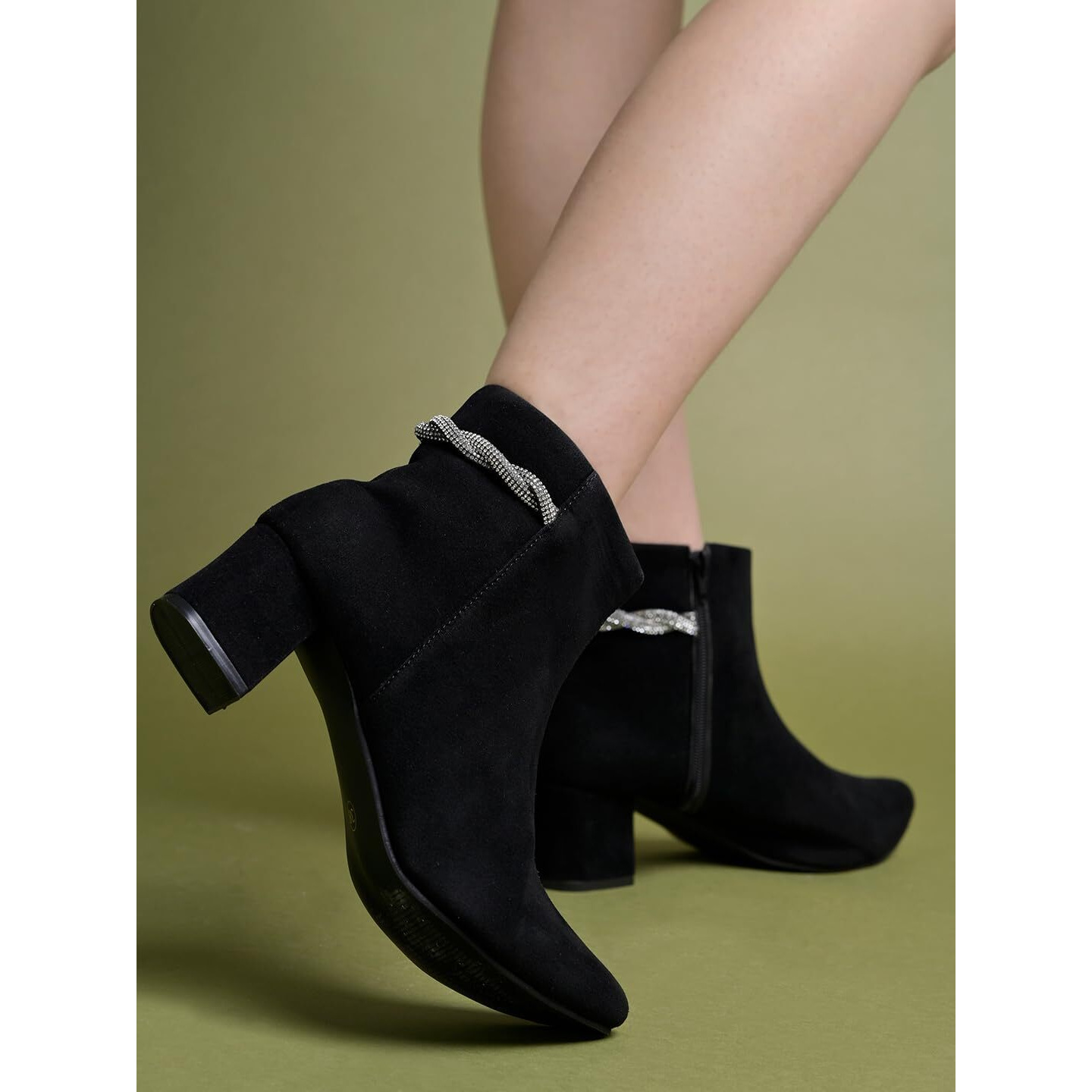 Shoetopia Women's Black Suede Ankle Boots With Block Heel And Rhinestone Knot Detail||Side Zip Fashion Booties For Fall & Winter Eu36