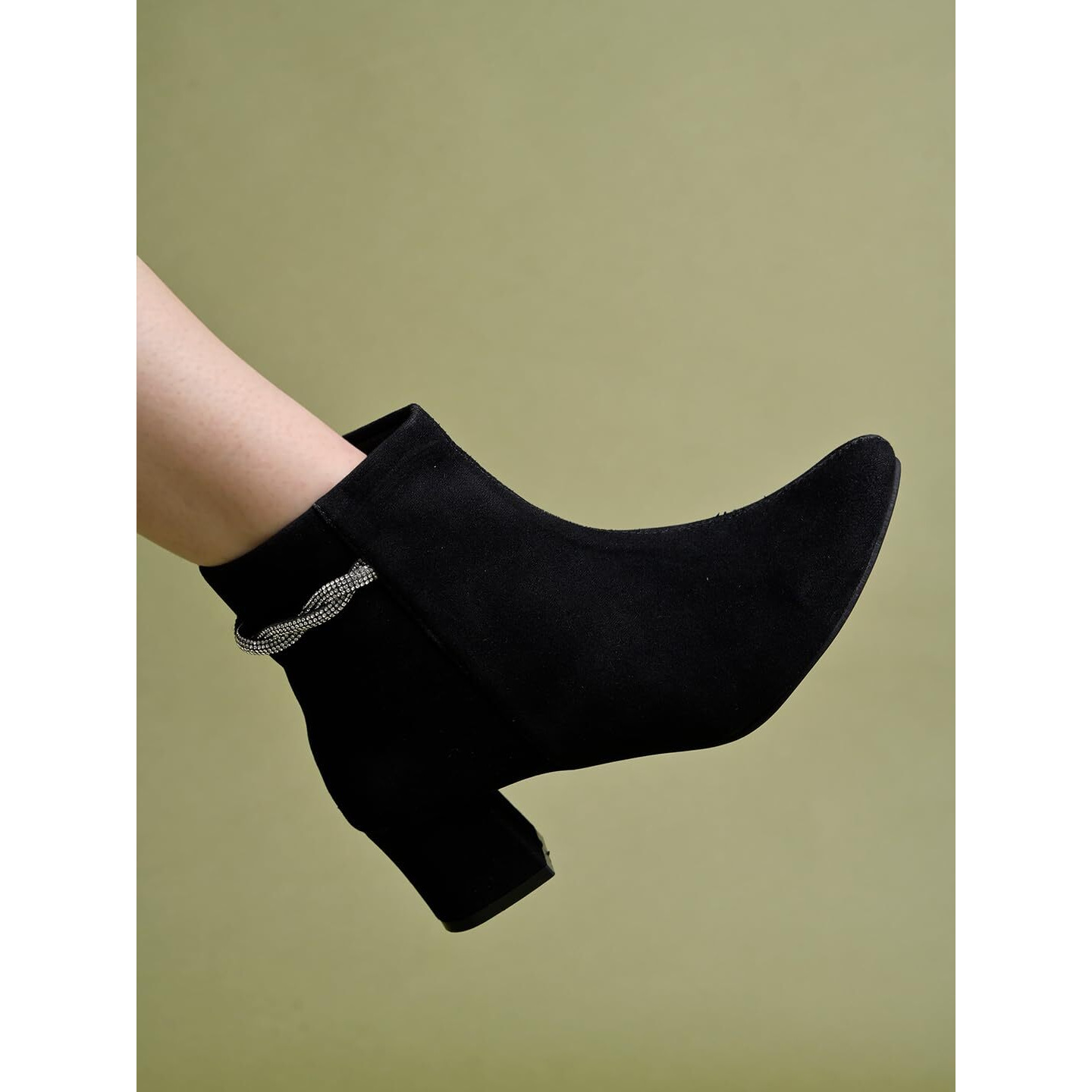 Shoetopia Women's Black Suede Ankle Boots With Block Heel And Rhinestone Knot Detail||Side Zip Fashion Booties For Fall & Winter Eu36