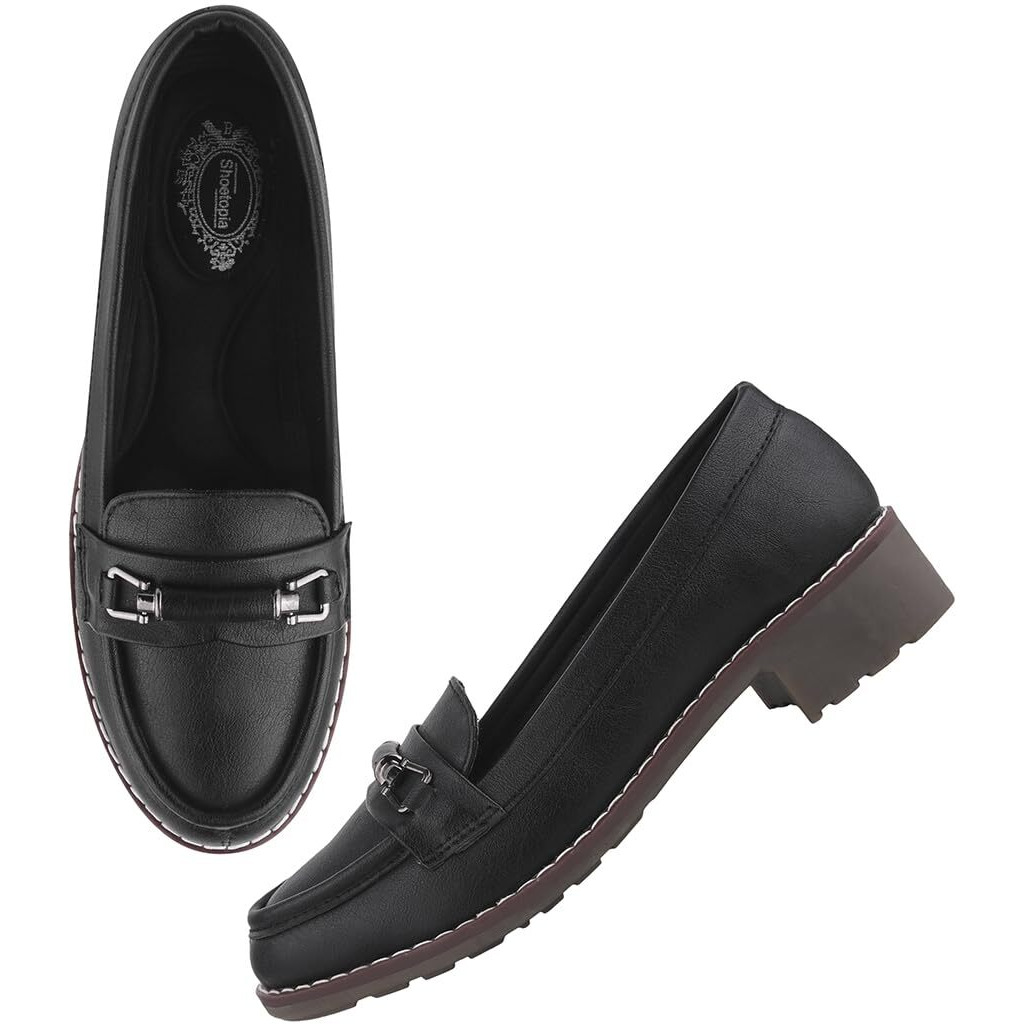 Shoetopia Upper Buckle Detailed Black Loafers For Women & Gilrs-Eu41