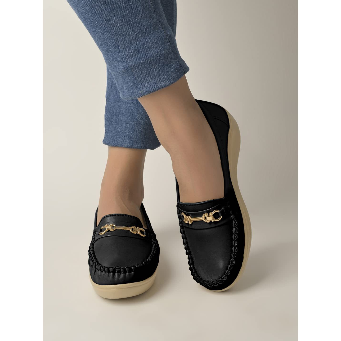 Shoetopia Upper Metalic Buckle Detailed Black Loafers For Women & Girls /Uk7