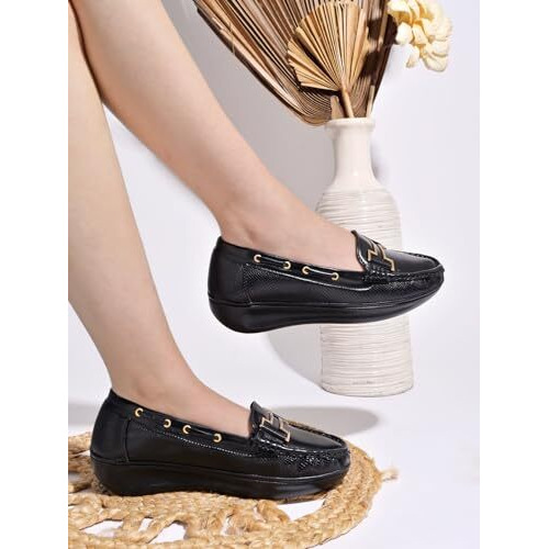 Shoetopai Women's Black Comfort Loafers  Soft Slip-On Driving Shoes With Gold Bit Detail & Cushioned Sole For Daily Eu38