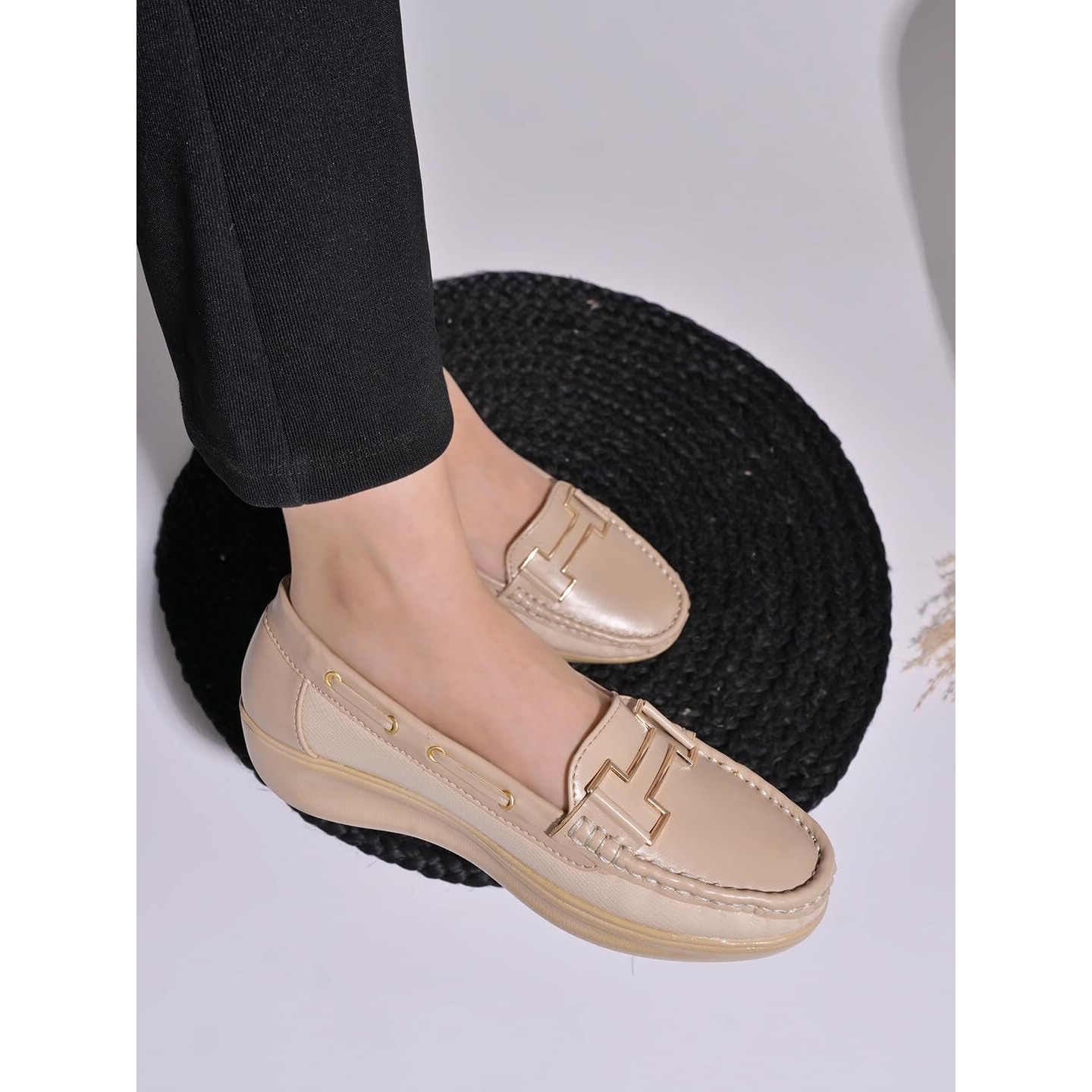 Shoetopia Upper Buckle Detailed Beige Loafers For Women & Gilrs-Eu42
