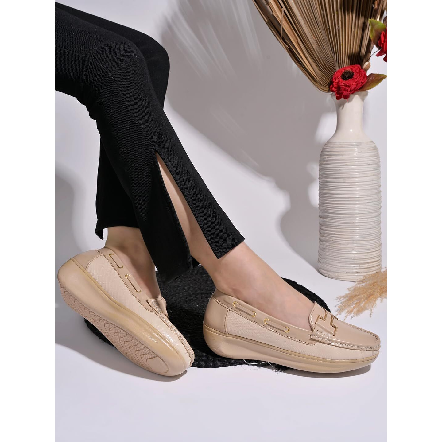 Shoetopia Upper Buckle Detailed Beige Loafers For Women & Gilrs-Eu42