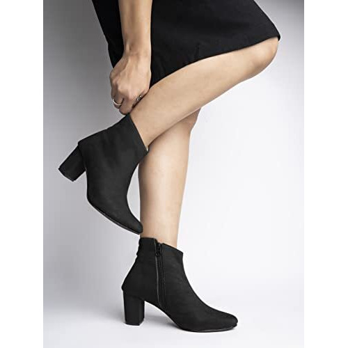 Shoetopai Women's Black Ankle Boots  Faux Suede Block Heel Booties With Side Zip Closure, Stylish & Comfortable For Fall/Winter Eu36