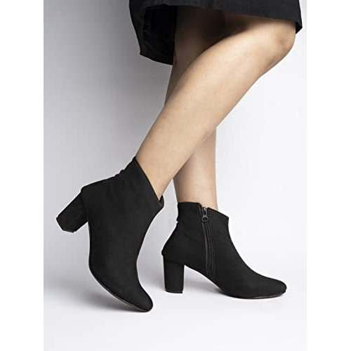 Shoetopai Women's Black Ankle Boots  Faux Suede Block Heel Booties With Side Zip Closure, Stylish & Comfortable For Fall/Winter Eu36