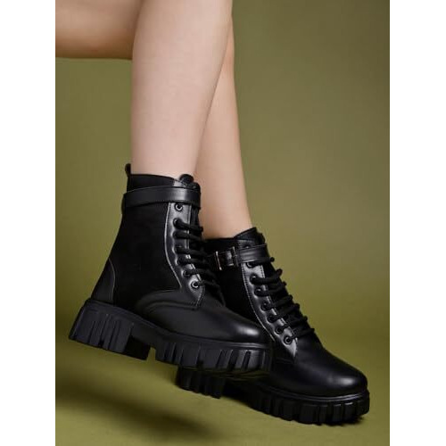 Shoetopia Smart Casual Side Buckle Detailed Black Boots For Women & Girls /Eu37