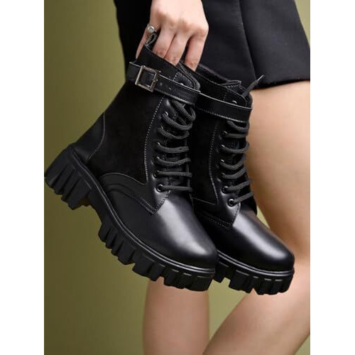 Shoetopia Smart Casual Side Buckle Detailed Black Boots For Women & Girls /Eu37