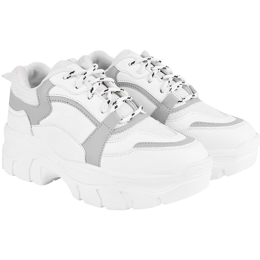 Shoeopia Lace-Up Detail Grey Chunky Sneakers For Women & Girls /Uk3