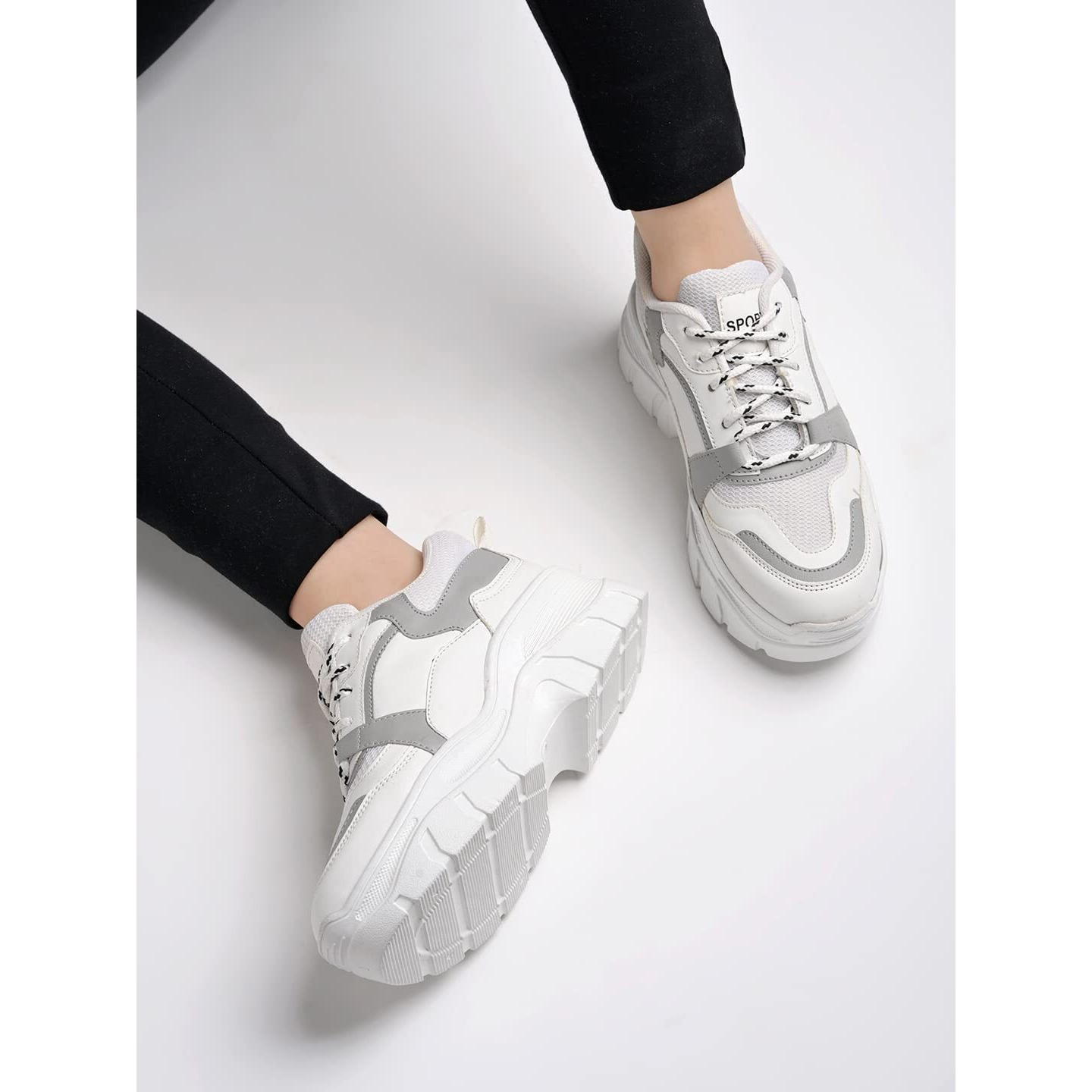 Shoeopia Lace-Up Detail Grey Chunky Sneakers For Women & Girls /Uk3