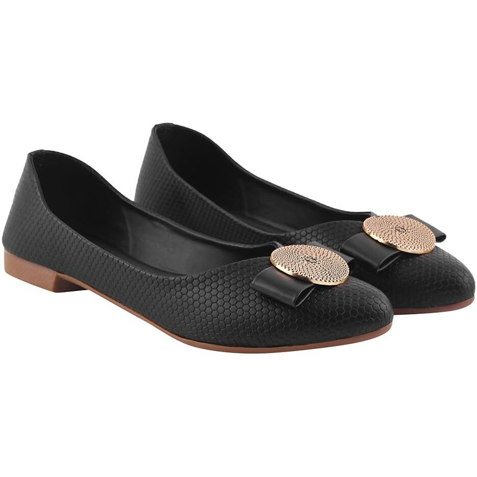 Shoetopia Women's Black Ballet Flats  Textured Slip-On Bellies With Decorative Bow & Gold Button | Elegant Casual & Office Eu39