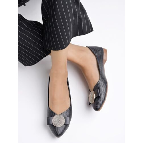 Shoetopia Women's Black Ballet Flats  Textured Slip-On Bellies With Decorative Bow & Gold Button | Elegant Casual & Office Eu39