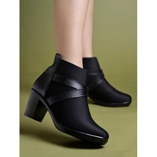 Shoetopai Women's Black Ankle Boots  Block Heel Booties With Cross Strap Detail | Elegant Party & Office Wear Heeled Shoes Eu36