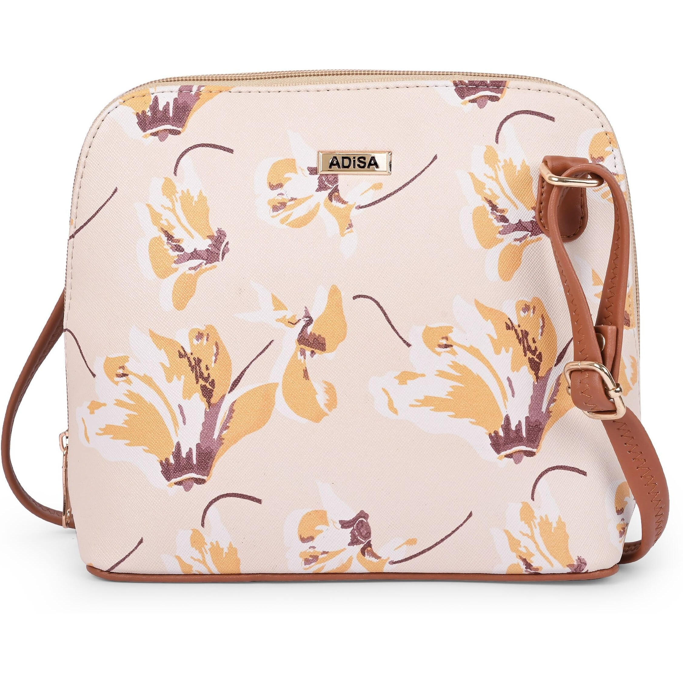 Adisa Women Girls Floral Print Faux Leather Sling Bag Crossbody (Off White)