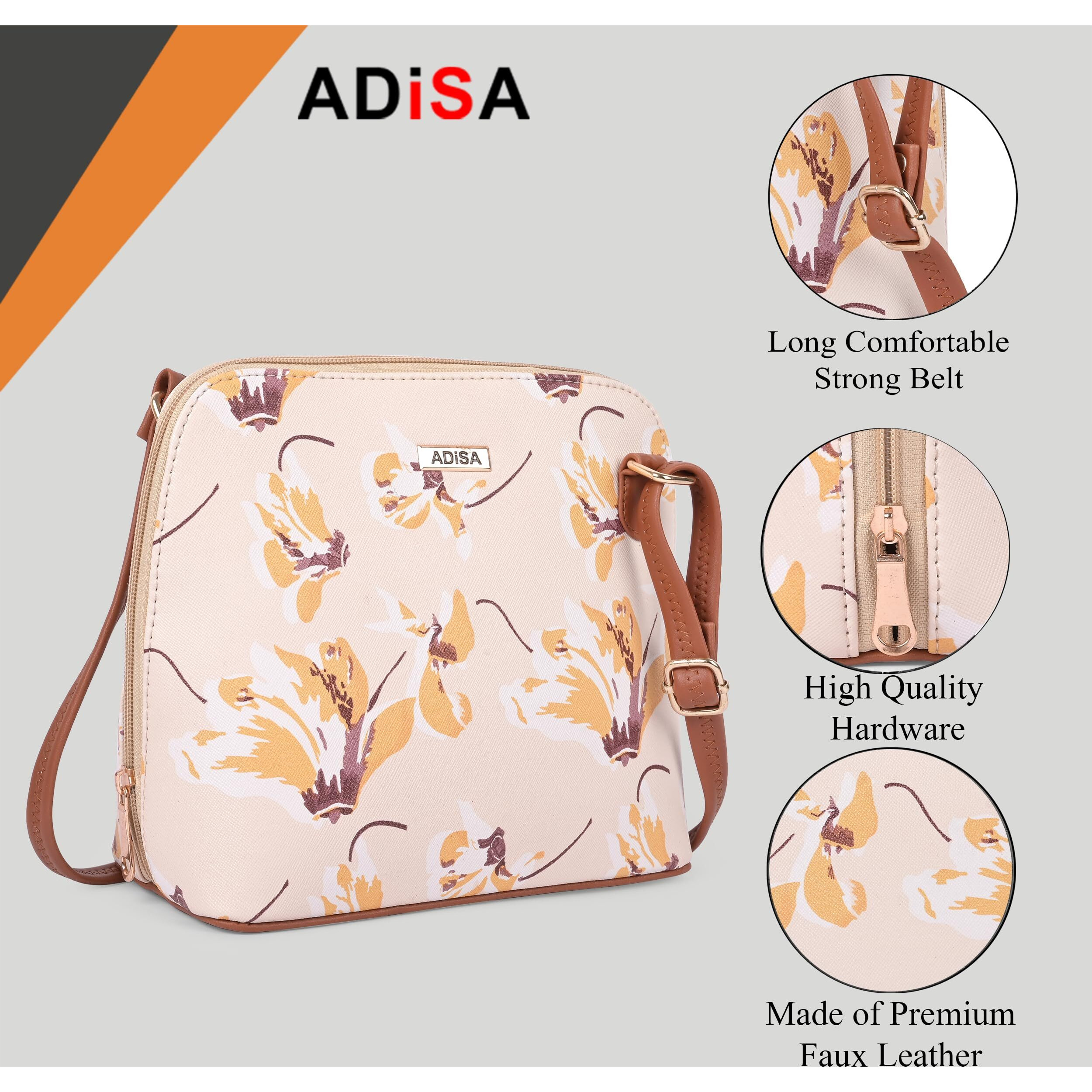 Adisa Women Girls Floral Print Faux Leather Sling Bag Crossbody (Off White)