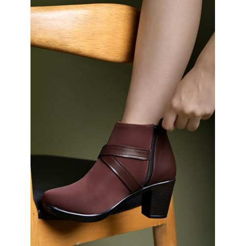 Shoetopai Women's Brown Ankle Boots  Block Heel Booties With Cross Strap Detail | Elegant Party & Office Wear Heeled Shoes Eu37