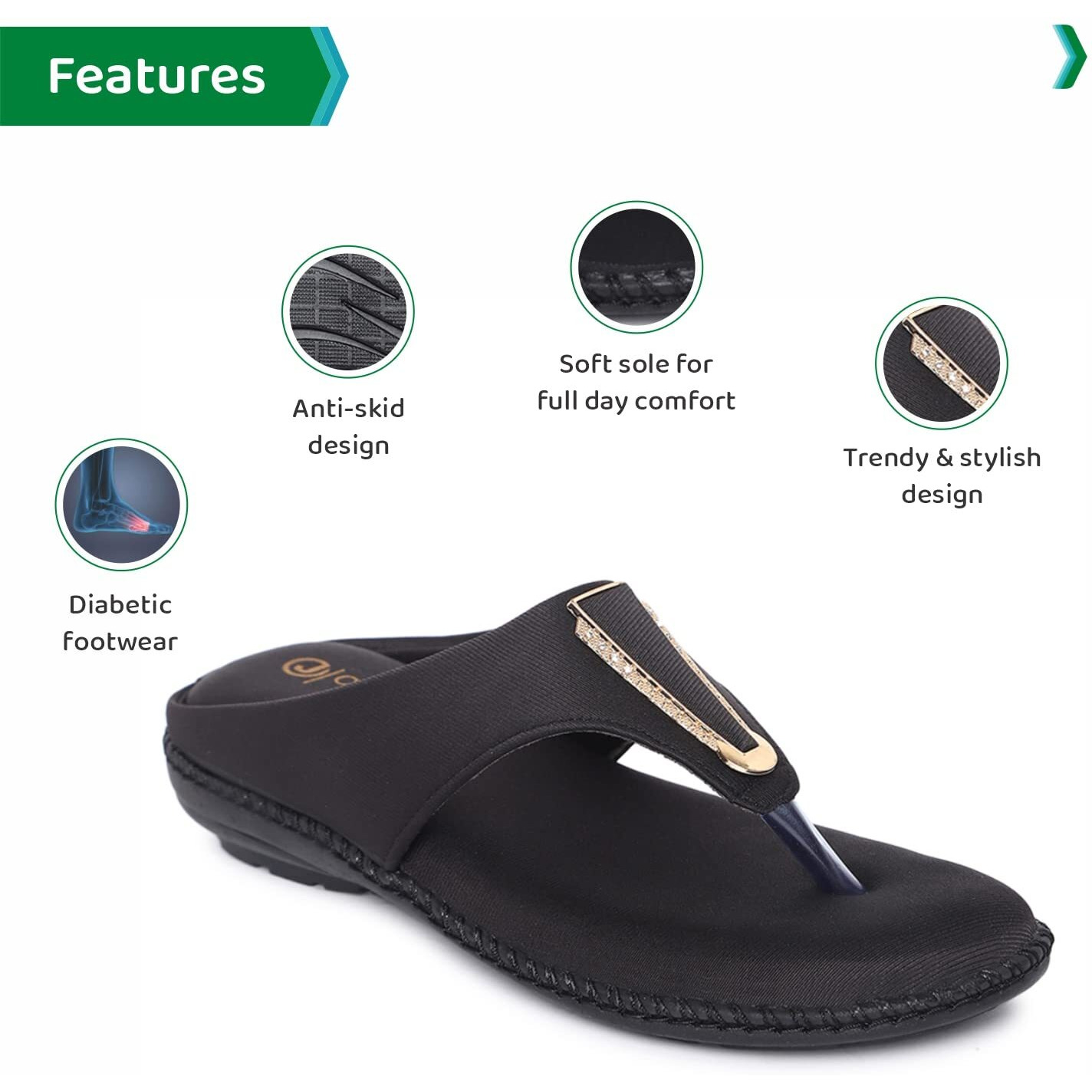 Ortho Joy Fancy Doctor Slippers | Stylish Chappal For Women | Comfortable Flat Sandals For Women Stylish (Black)