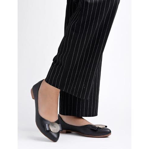 Shoetopia Women's Black Ballet Flats  Textured Slip-On Bellies With Decorative Bow & Gold Button | Elegant Casual & Office Eu41