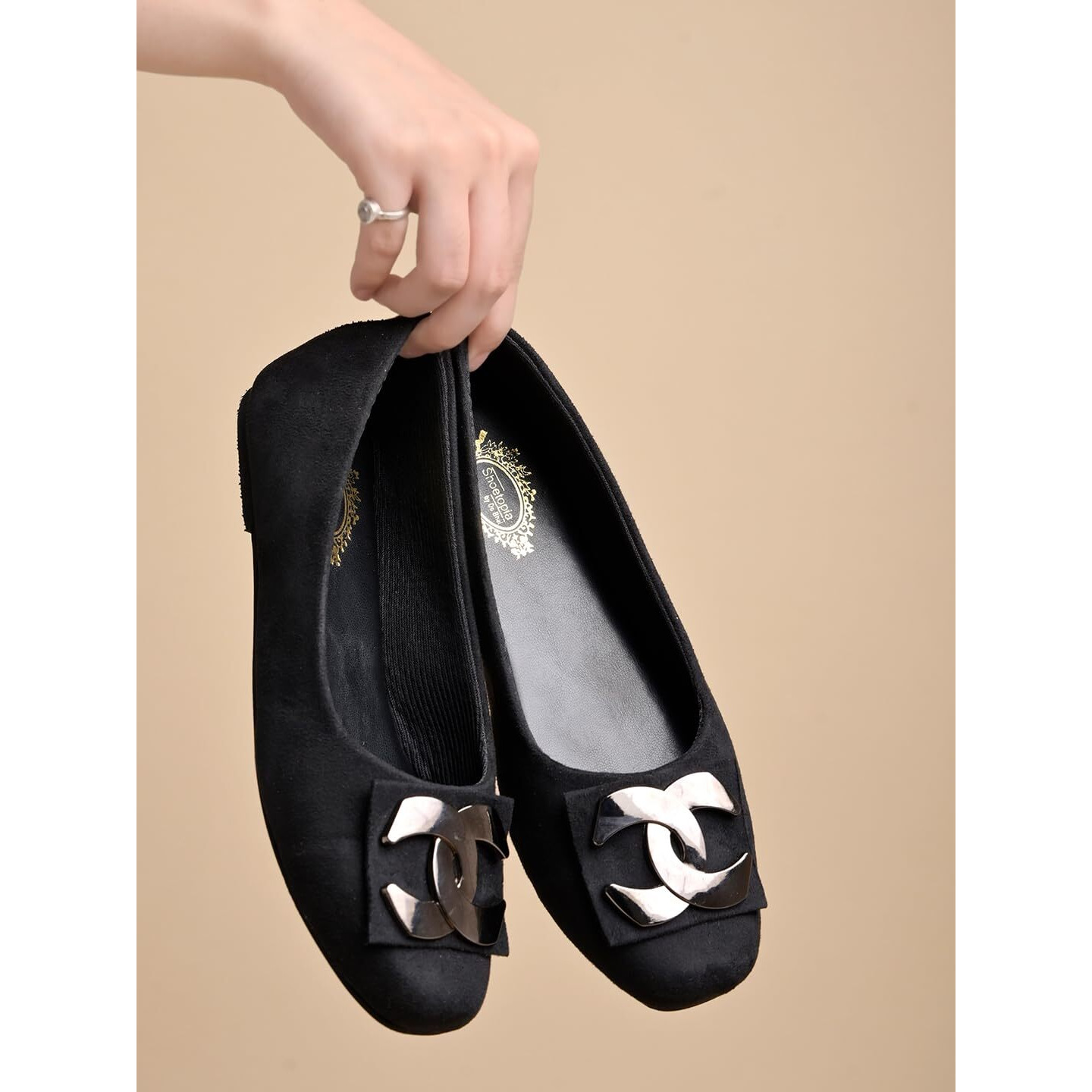 Shoetopia Round Toe Buckle Detailed Black Bellies For Women & Girls-Eu37
