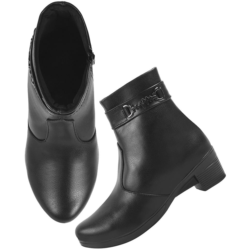 Women's Black Ankle Boots With Side Zipper And Metal Detail Low Heel Faux Leather Booties For Everyday Comfort And Style Eu39