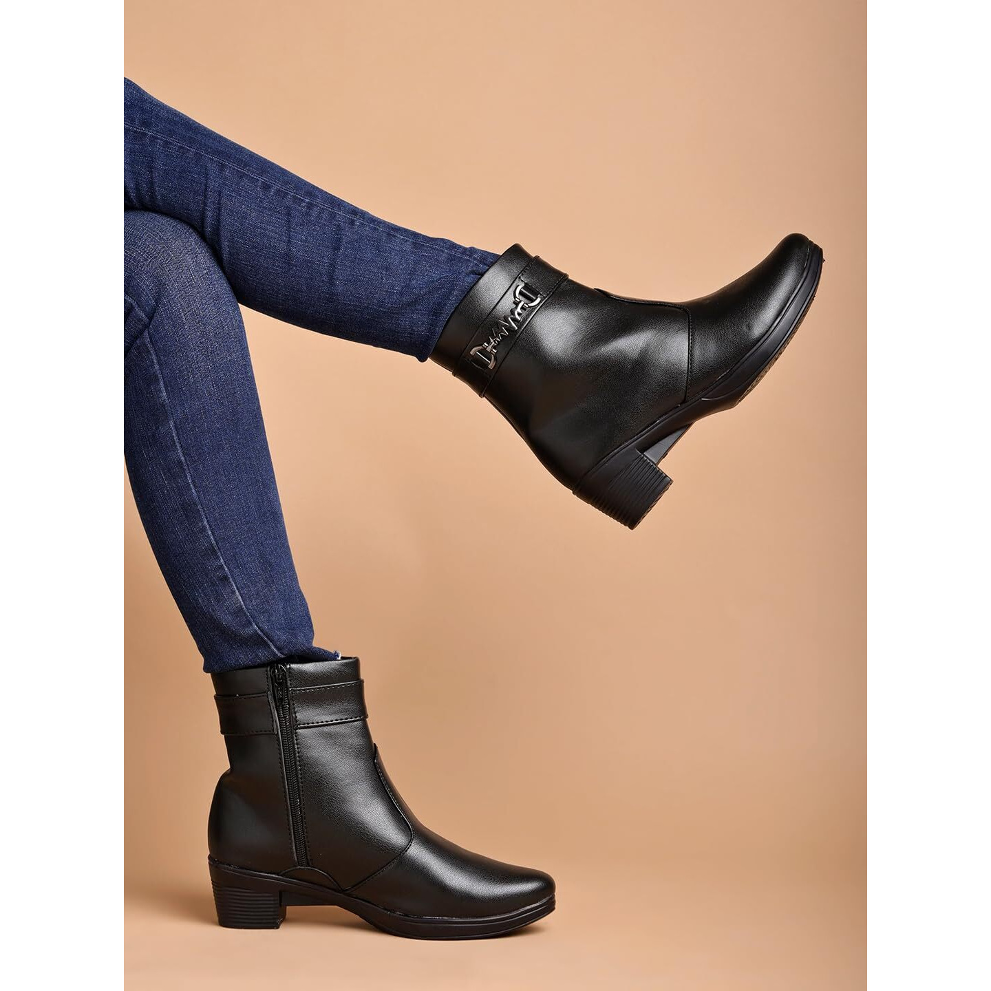 Women's Black Ankle Boots With Side Zipper And Metal Detail Low Heel Faux Leather Booties For Everyday Comfort And Style Eu39